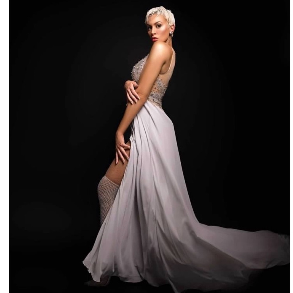 Terani Couture Beige Blue/Gray Dress